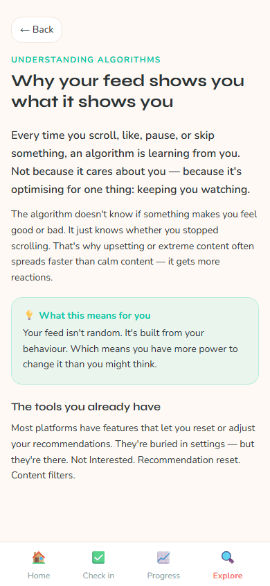 Psychoeducation article page for young people with editorial-style content blocks