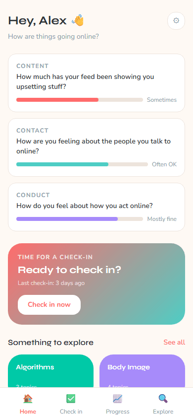 The MILO young person home screen titled Hey, Alex