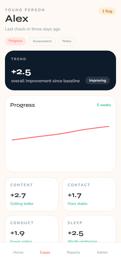 Young person practitioner profile showing indicators, progress charts, and session context